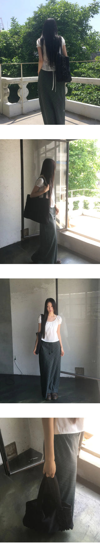 Daming Check Chiffon String Layered Long Skirt