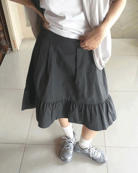 Toddy Pintuck Lace Flare Back Banding Midi Skirt
