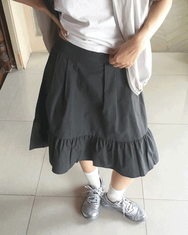 Toddy Pintuck Lace Flare Back Banding Midi Skirt