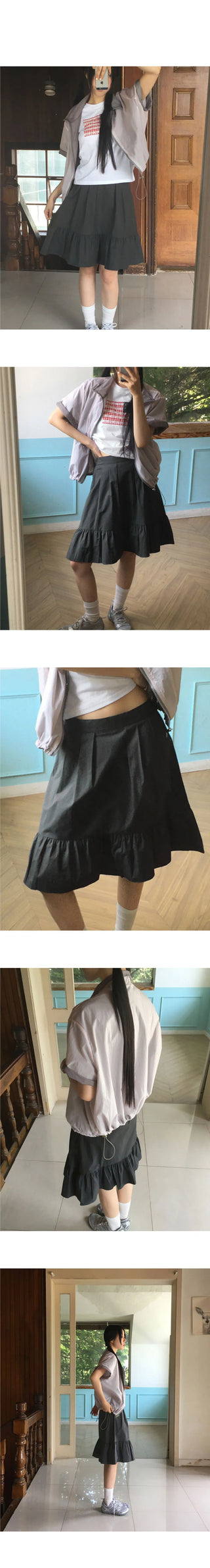 Toddy Pintuck Lace Flare Back Banding Midi Skirt