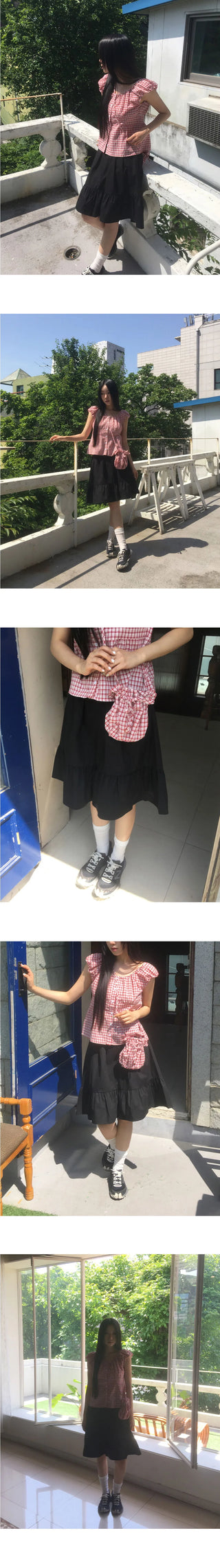 Toddy Pintuck Lace Flare Back Banding Midi Skirt