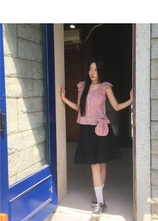 Rufus Check Cap Sleeve Shirring Blouse