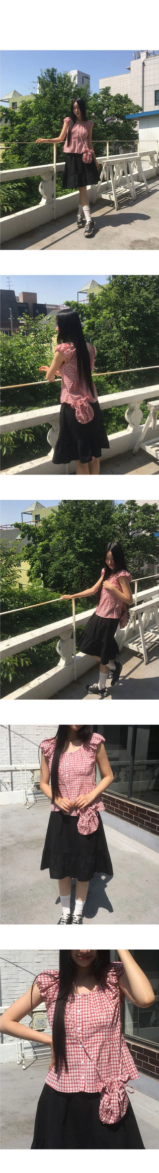 Rufus Check Cap Sleeve Shirring Blouse