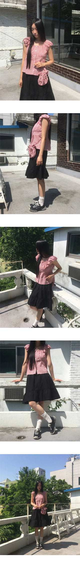 Rufus Check Cap Sleeve Shirring Blouse