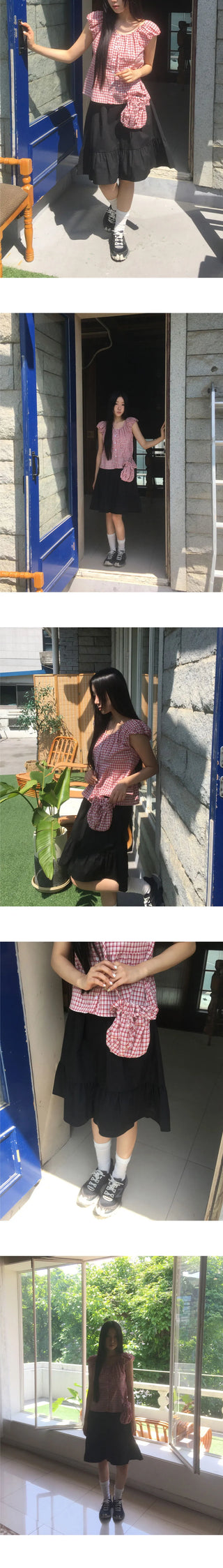 Rufus Check Cap Sleeve Shirring Blouse