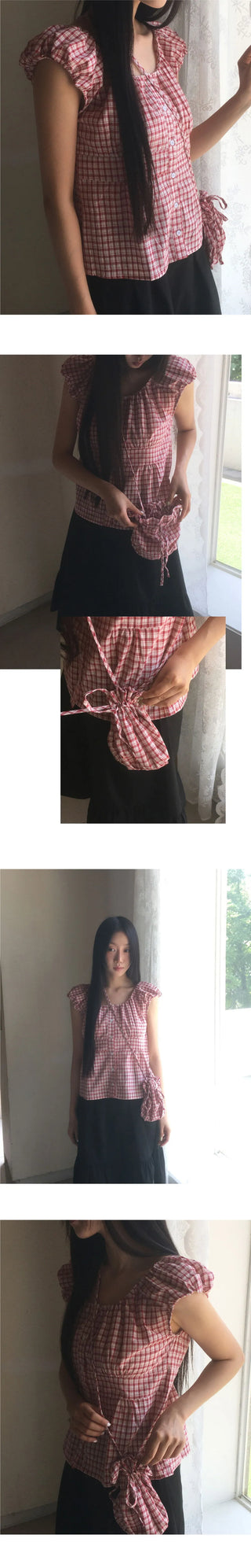 Rufus Check Cap Sleeve Shirring Blouse