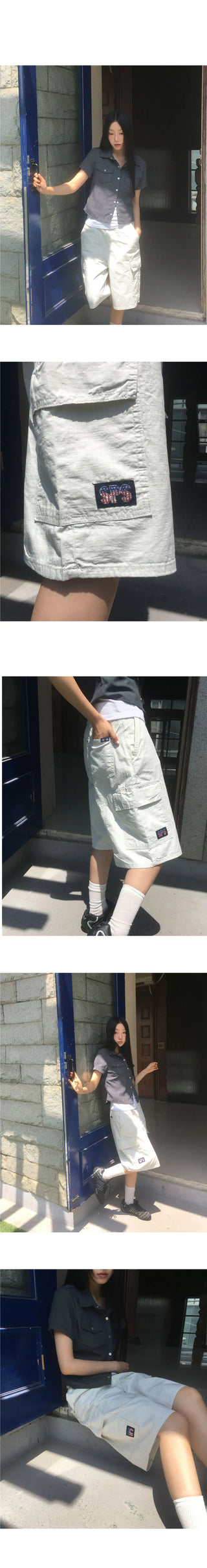 Tsui grid check patch cargo bermuda pants