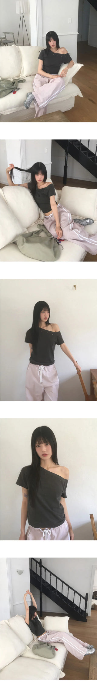 Boheme Stud One Off Shoulder Pigment Short Sleeve T-Shirt