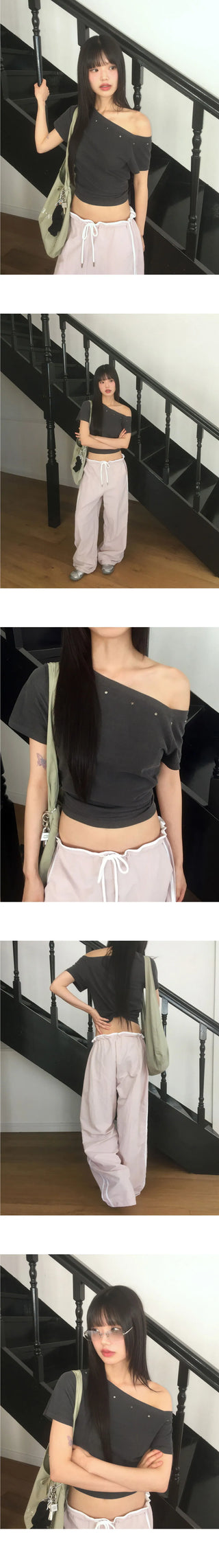 Boheme Stud One Off Shoulder Pigment Short Sleeve T-Shirt