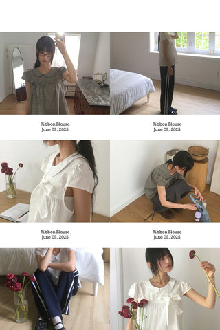 Darling round collar check ribbon blouse