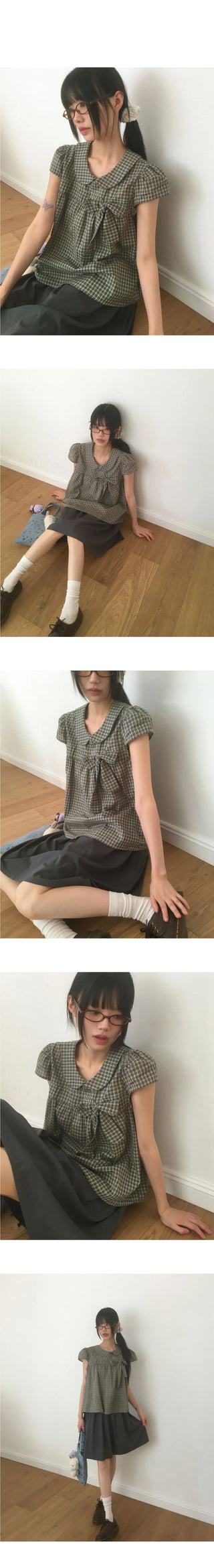 Darling round collar check ribbon blouse
