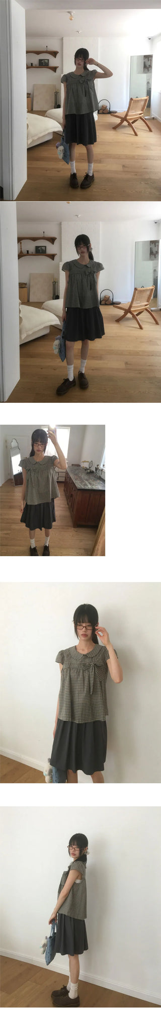 Darling round collar check ribbon blouse