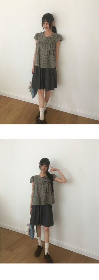 Darling round collar check ribbon blouse