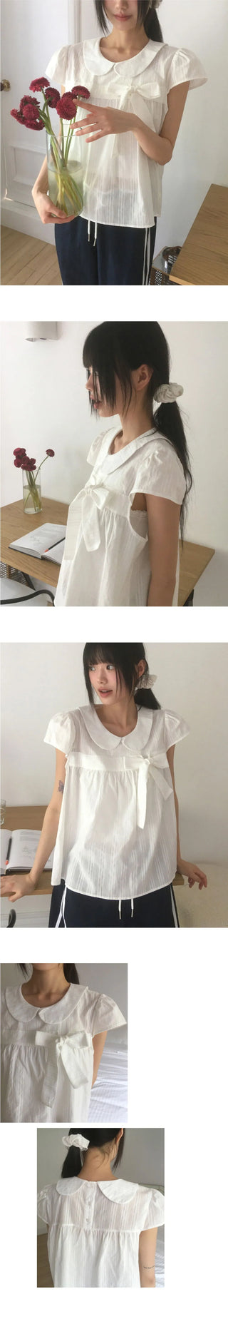 Darling round collar check ribbon blouse
