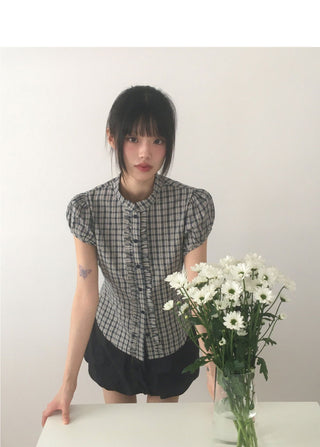 Chili Check Frill Puff Short Sleeve Blouse
