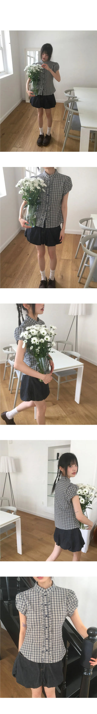 Chili Check Frill Puff Short Sleeve Blouse
