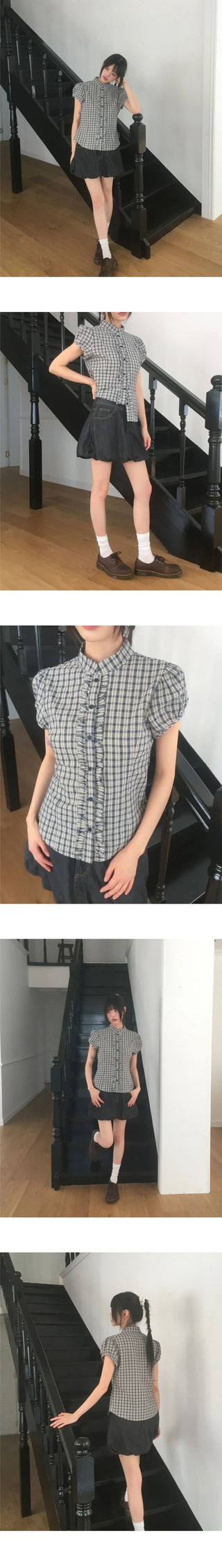 Chili Check Frill Puff Short Sleeve Blouse
