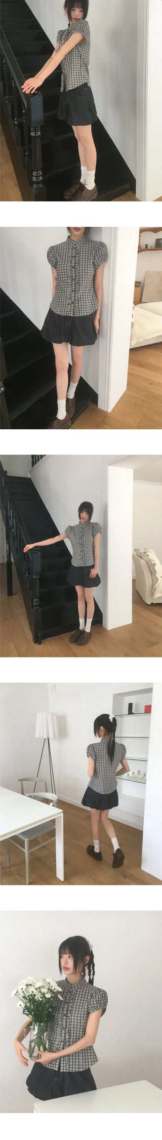 Chili Check Frill Puff Short Sleeve Blouse
