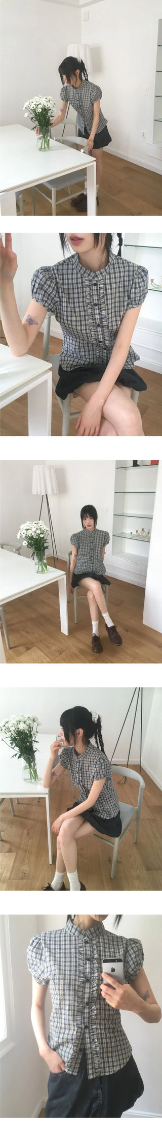 Chili Check Frill Puff Short Sleeve Blouse