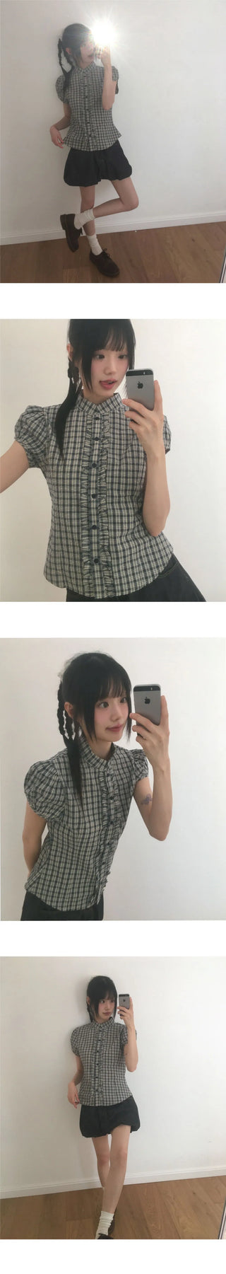 Chili Check Frill Puff Short Sleeve Blouse
