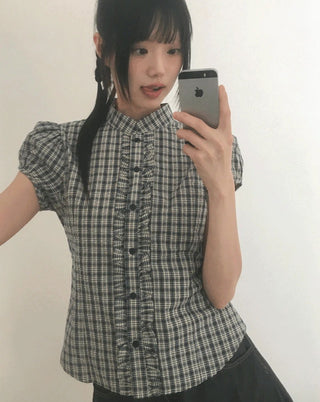 Chili Check Frill Puff Short Sleeve Blouse