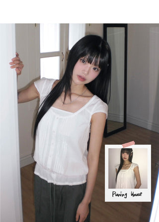 Punning Smoke Banding Pintuck Lace Short Sleeve Blouse