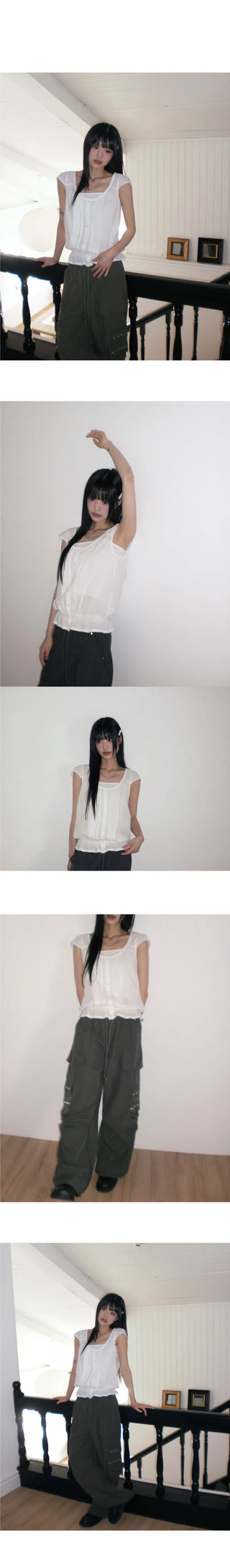 Punning Smoke Banding Pintuck Lace Short Sleeve Blouse