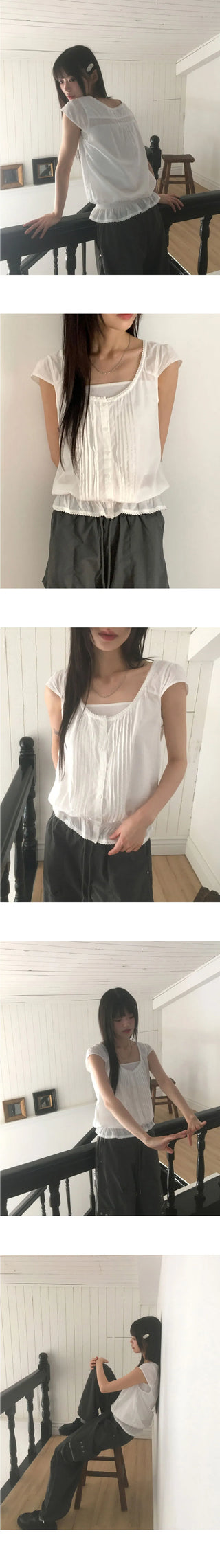 Punning Smoke Banding Pintuck Lace Short Sleeve Blouse