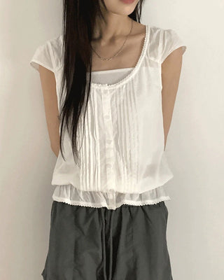 Punning Smoke Banding Pintuck Lace Short Sleeve Blouse