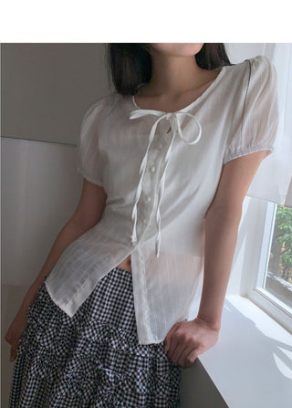 Pleated Strap Punching Puff Blouse