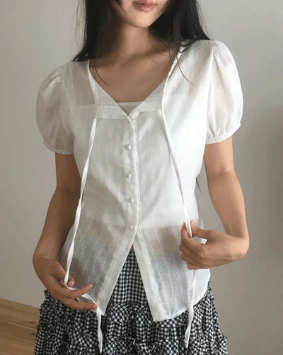 Pleated Strap Punching Puff Blouse