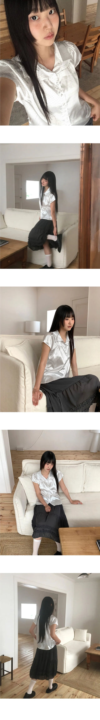 Nerine Dot Ribbon Puff Satin Blouse