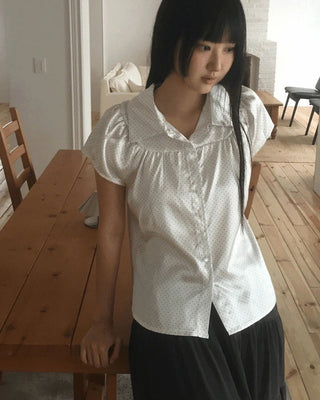 Nerine Dot Ribbon Puff Satin Blouse