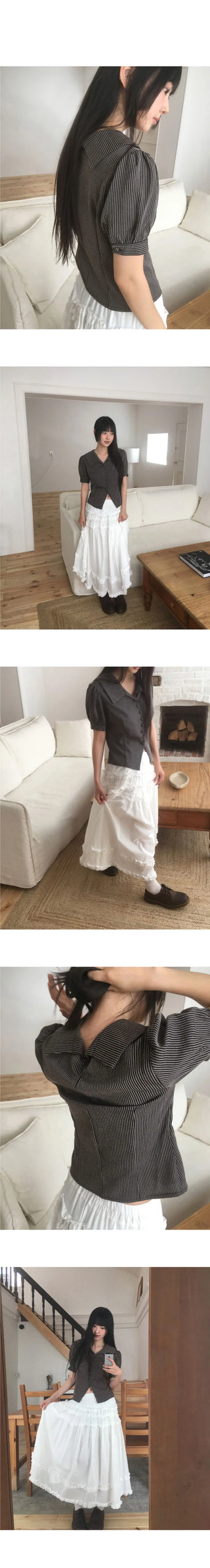 Use Stripe Puff Collar Short Sleeve Blouse
