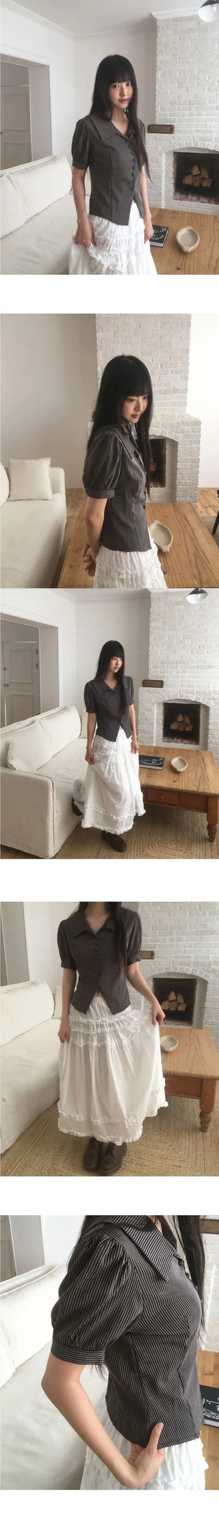 Use Stripe Puff Collar Short Sleeve Blouse