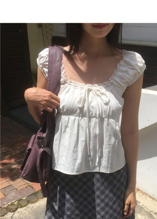 One Lace Ribbon Puff Sleeveless Short Sleeve Blouse