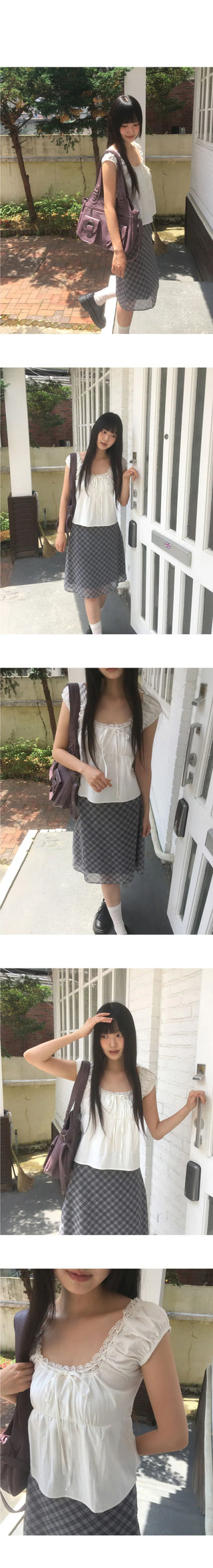 One Lace Ribbon Puff Sleeveless Short Sleeve Blouse
