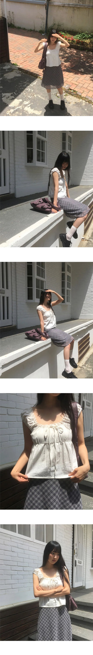 One Lace Ribbon Puff Sleeveless Short Sleeve Blouse