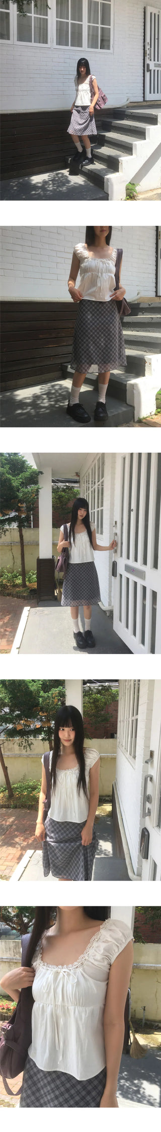 One Lace Ribbon Puff Sleeveless Short Sleeve Blouse