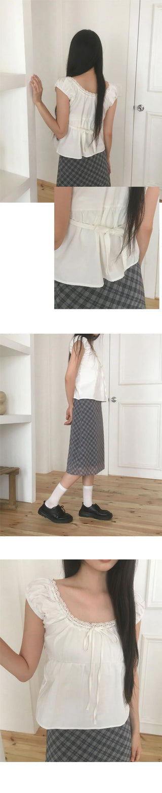 One Lace Ribbon Puff Sleeveless Short Sleeve Blouse
