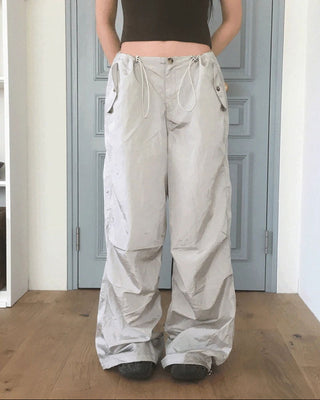 QYA Glossy Shirring Parachute Split Wide Pants