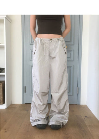 QYA Glossy Shirring Parachute Split Wide Pants