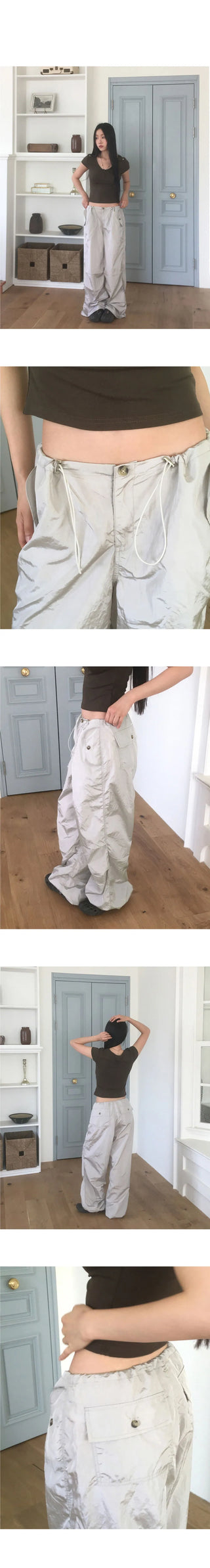 QYA Glossy Shirring Parachute Split Wide Pants