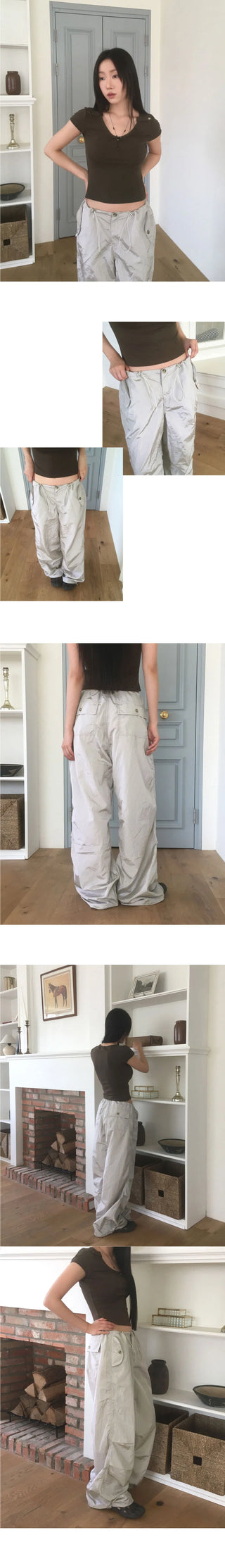 QYA Glossy Shirring Parachute Split Wide Pants