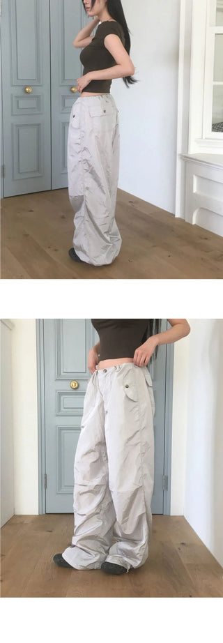 QYA Glossy Shirring Parachute Split Wide Pants