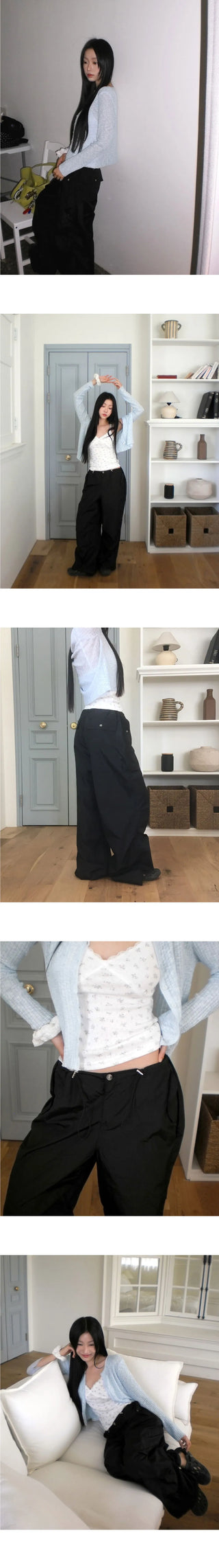 QYA Glossy Shirring Parachute Split Wide Pants