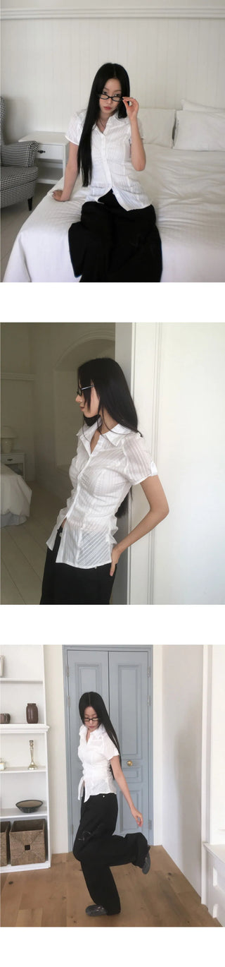 Kasen pleated shirring short sleeve shirt