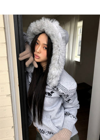 Newa Nordic Fur Two-Way Knitwear Hooded Zip-Up