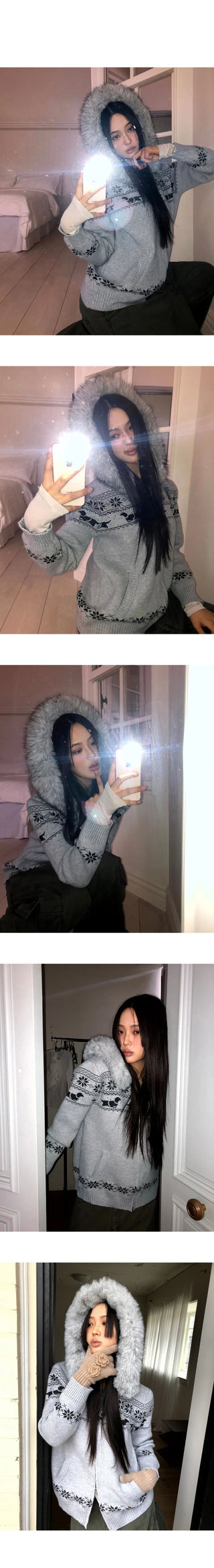 Newa Nordic Fur Two-Way Knitwear Hooded Zip-Up