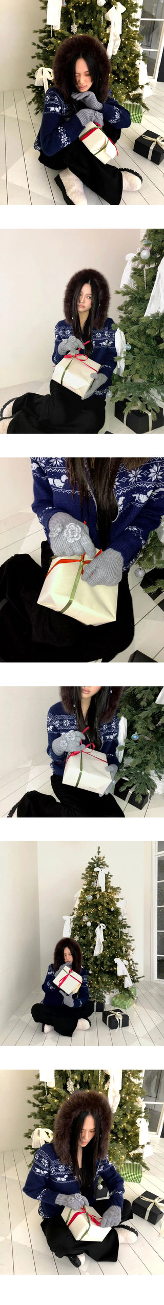 Newa Nordic Fur Two-Way Knitwear Hooded Zip-Up